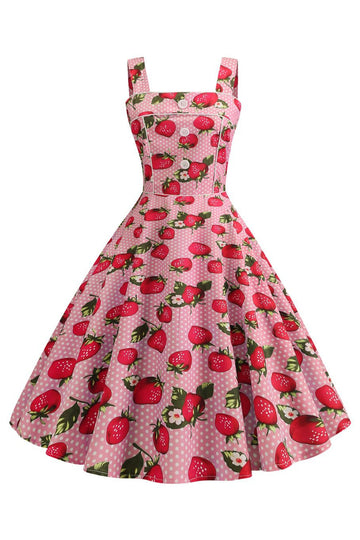 Strawbarries trykt blå ærmeløs kjole fra 1950'erne